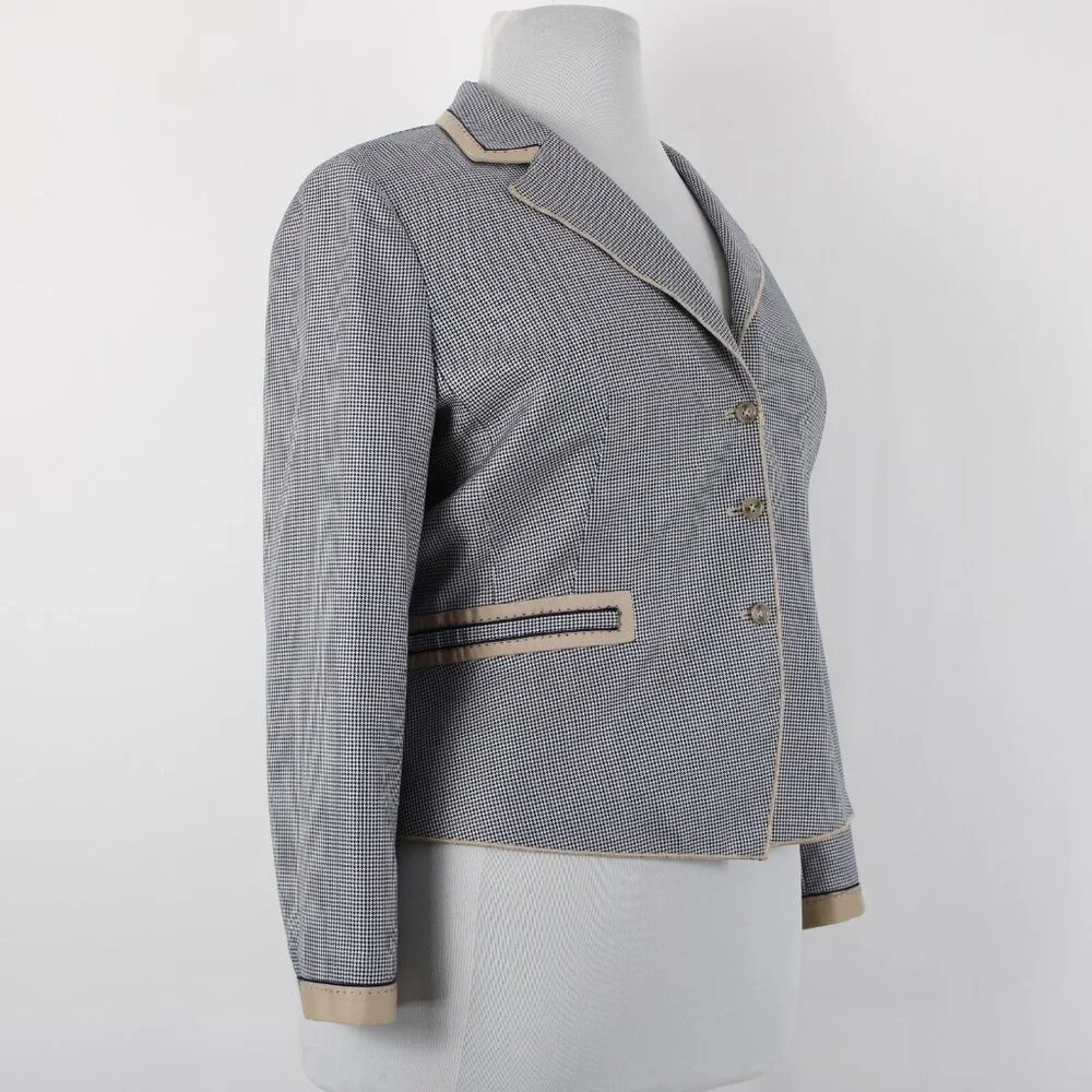 Carlisle Sz 16 Navy Blue White Brown Faux Pockets Lined Silk Wool Cotton Jacket - Picture 5 of 12